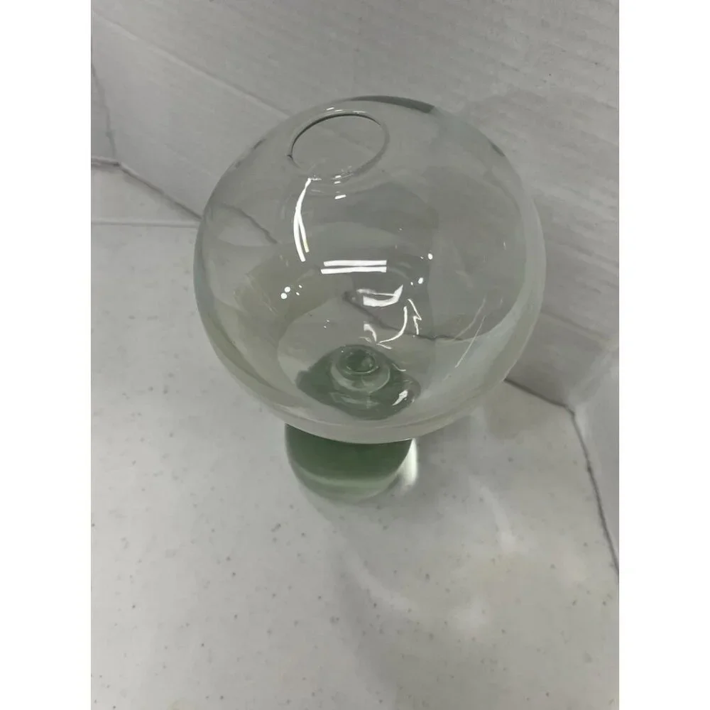 Double Round Vase Green with White Design Rare Vase Style Weighted Bottom